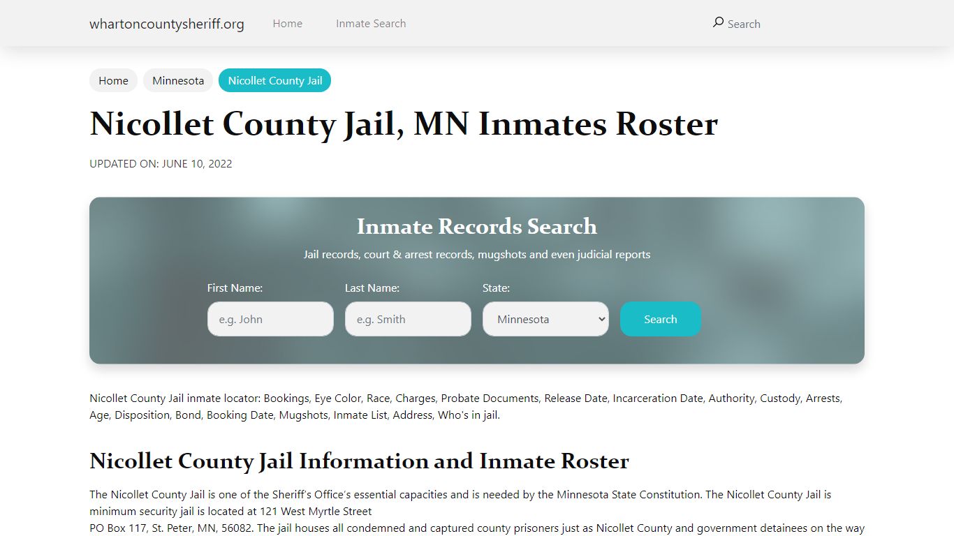 Nicollet County Jail, MN Jail Roster, Name Search
